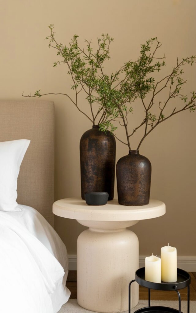 Dark ceramic vases with green branches creating statement decor in warm neutral bedroom corner