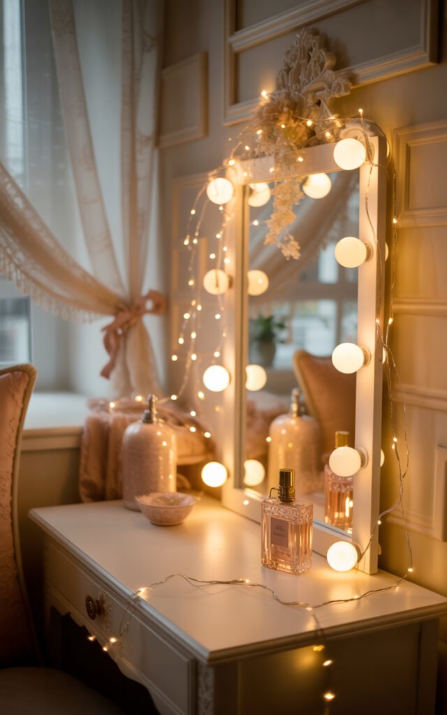 Warm string lights in corner adding ambient glow to small bedroom vanity area