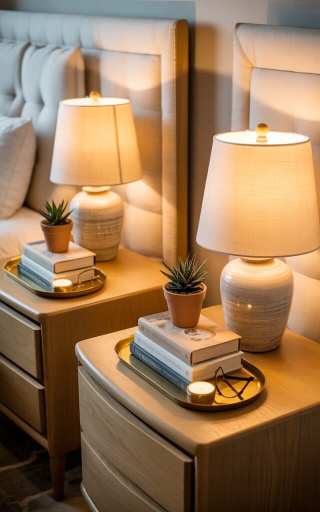 Perfectly balanced bedroom featuring matching nightstands with symmetrical styling including lamps, plants and accessories on both sides