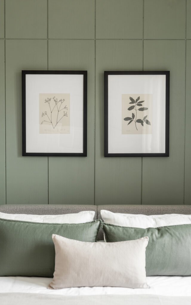 Two black-framed botanical prints hung at proper eye level on sage green accent wall above bed