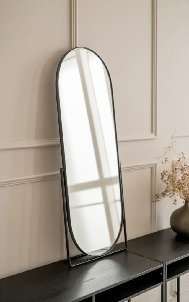 Vertical oval mirror in slim black frame perfect for reflecting light in modern corridor