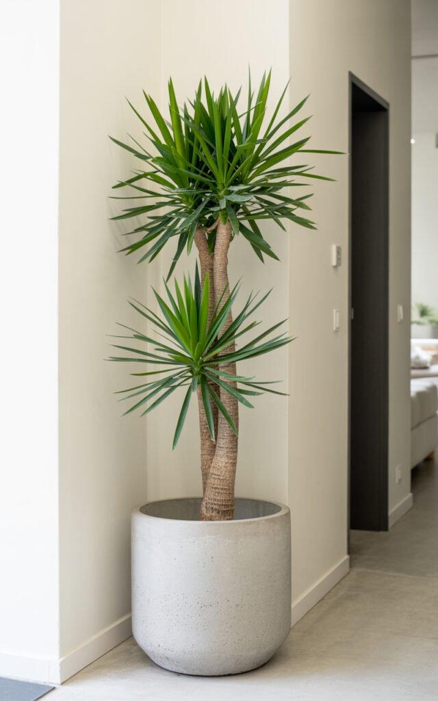 Large dracaena houseplant in neutral planter adding height and greenery to modern hallway
