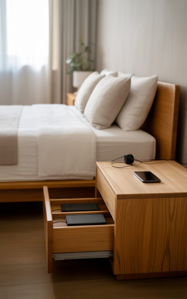 Minimal bedroom with technology hidden maintaining clean uncluttered peaceful aesthetic