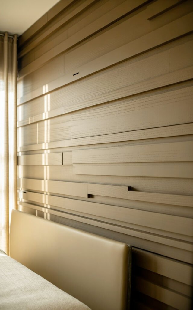 Textured horizontal wood panel accent wall behind bed in warm minimal bedroom