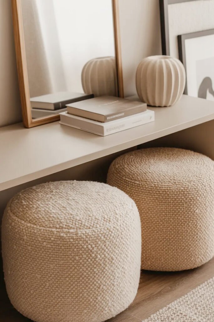 Round cream poufs with textured fabric stored under console shelf for function and style