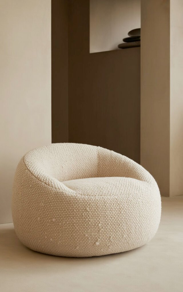Round cream textured bouclé pouf providing flexible seating in modern entryway