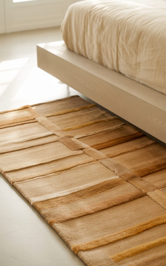 Beige textured rug beside bed adding warmth and softness to minimal bedroom