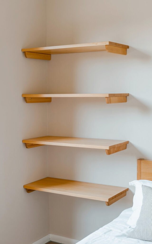 Wooden floating corner shelves mounted vertically showing proper spacing for small bedroom storage