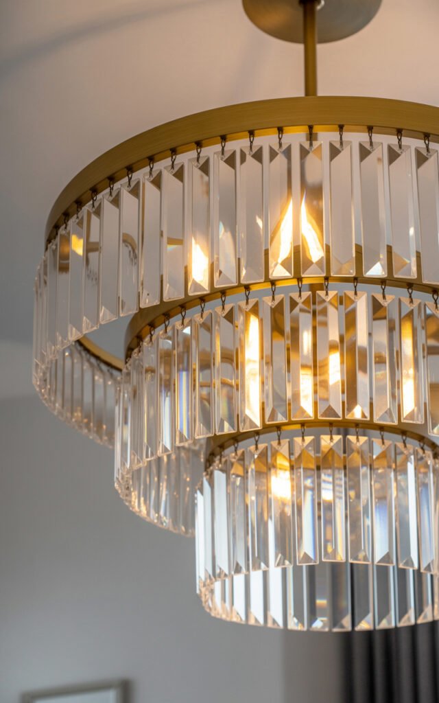 Three-tier crystal chandelier with gold hardware providing glamorous bedroom lighting