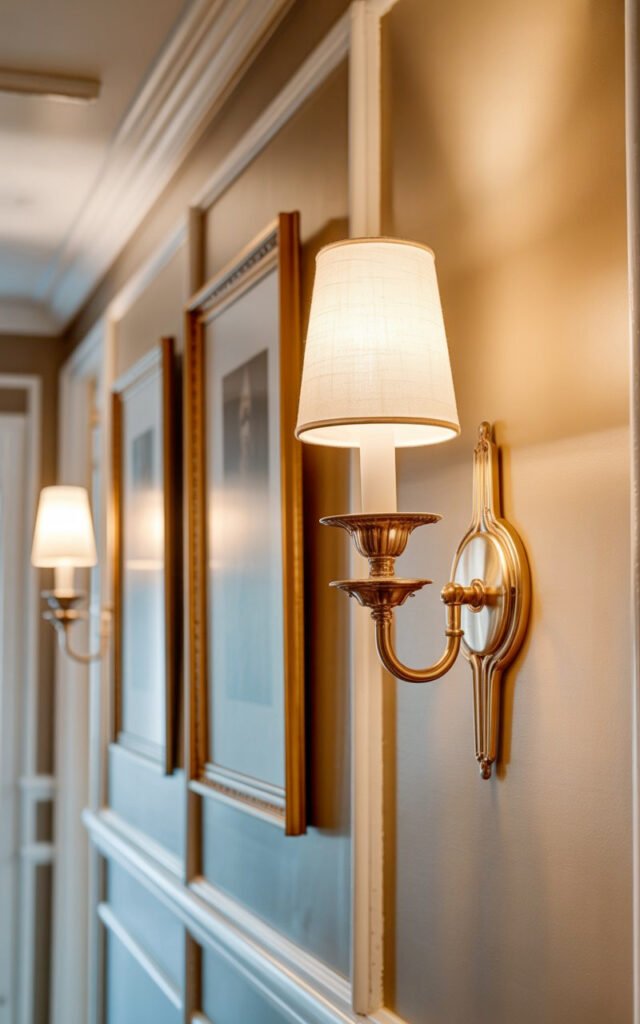 Classic wall sconce with fabric shade adding ambient lighting and elegance to narrow hallway
