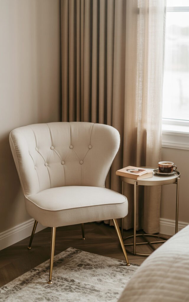 Elegant cream tufted chair with gold legs in corner creating glamorous seating area
