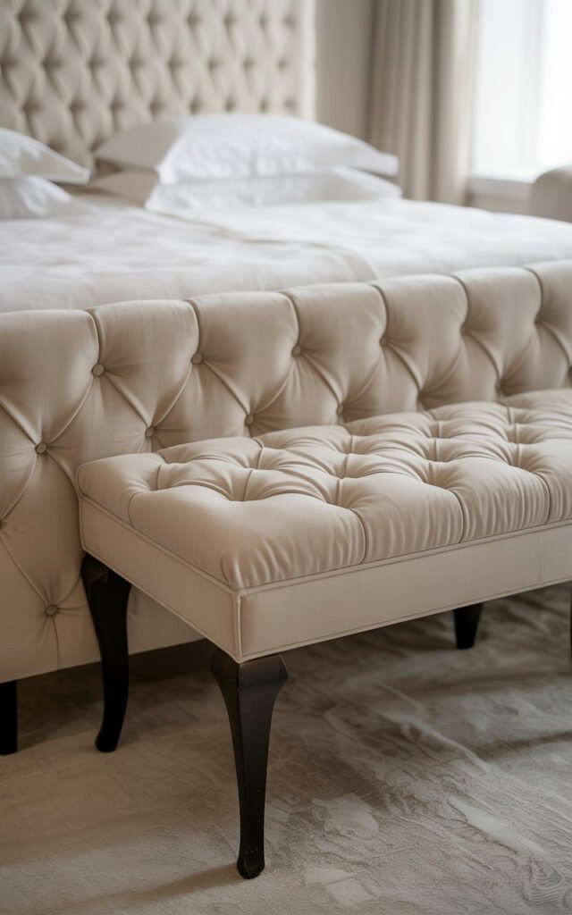 Beige tufted bench at bed foot matching headboard style adding function and elegance