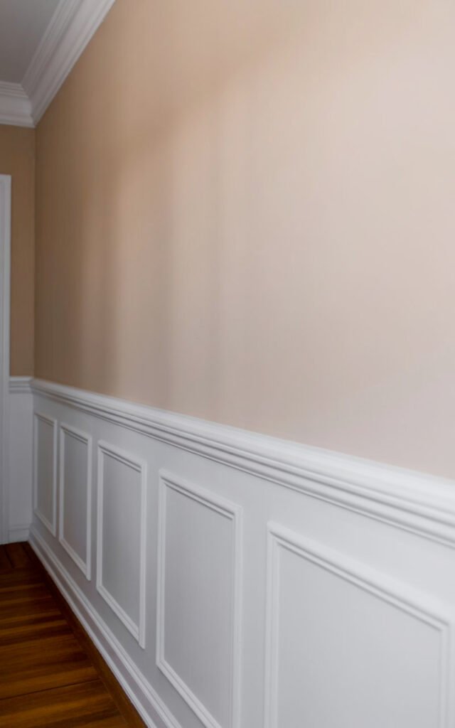 White wainscoting with neutral greige wall above creating elegant two-tone narrow hallway treatment