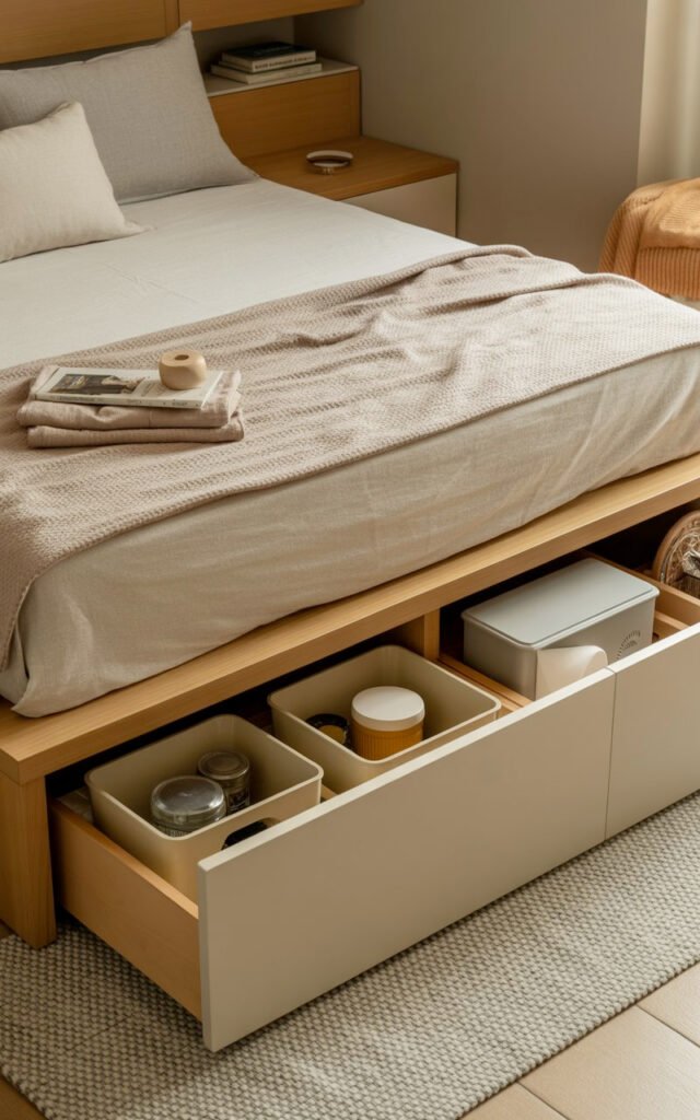 Platform bed with pull-out under-bed storage drawers maximizing space in small bedroom