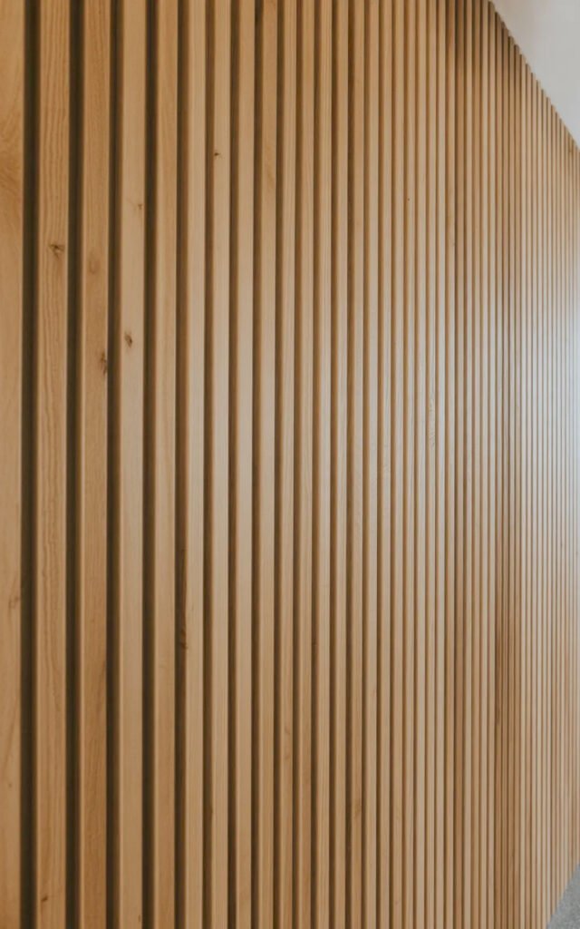 Close view of natural wood vertical slats with consistent spacing creating dimensional wall feature