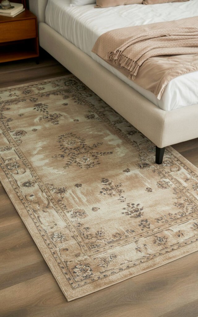 Beige and tan patterned area rug defining sleeping zone in warm neutral small bedroom for couples