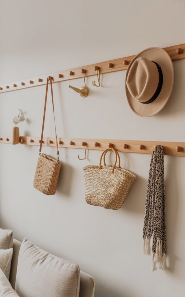 Wooden wall hooks providing vertical storage solution for small bedroom organization