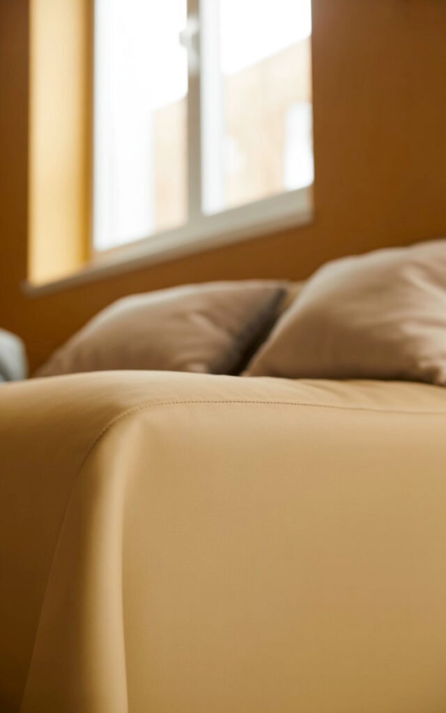 Warm neutral beige painted bedroom wall showing how light reflects in small spaces
