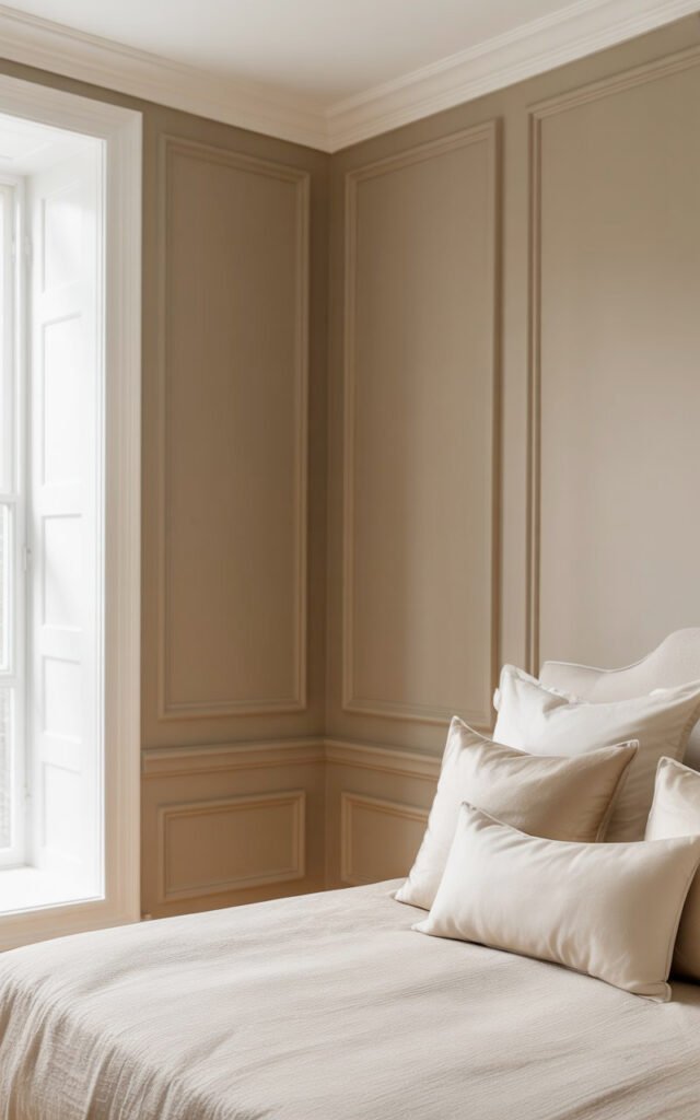 Bedroom with warm greige walls showing sophisticated neutral paint color
