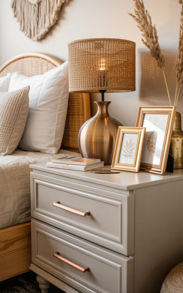 Collection of brass and bronze metallic accents including frames and lamp adding subtle glamour to neutral bohemian bedroom decor