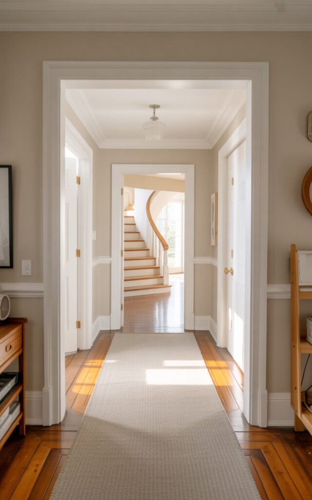 Soft beige-greige wall paint creating bright inviting atmosphere in hallway entrance