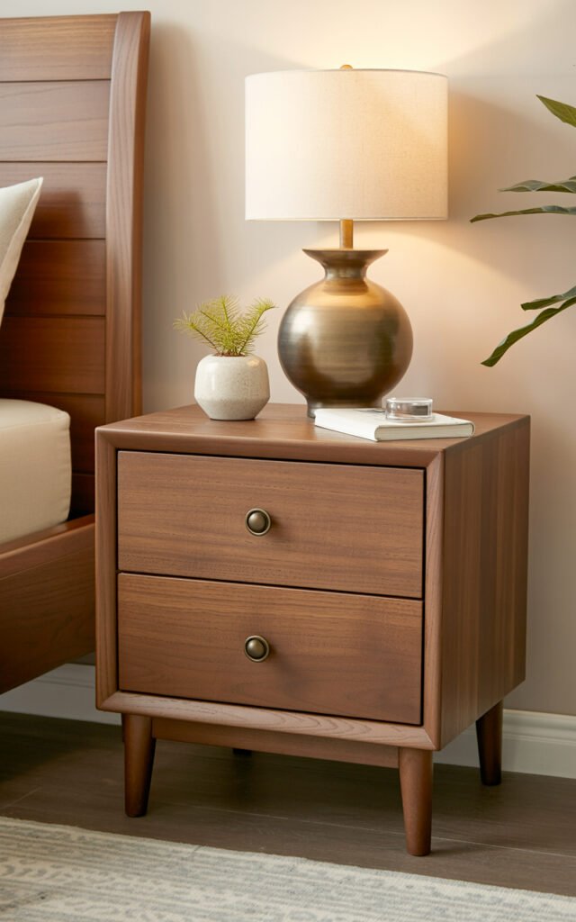 Medium-tone wood nightstand featuring clean lines, bronze drawer pulls, and warm finish perfect for modern earthy bedroom decor