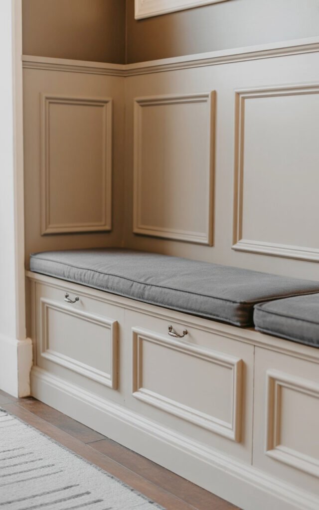 Integrated hallway bench with white cabinetry and gray cushion providing seating and storage