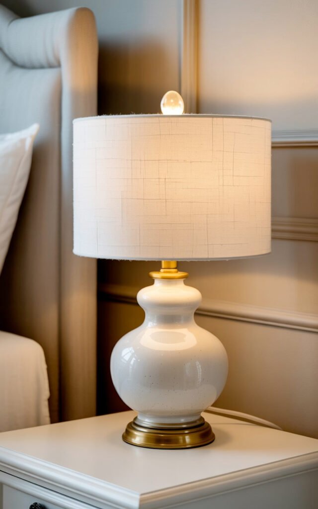 Classic ceramic table lamp with white shade providing task lighting on bedroom nightstand