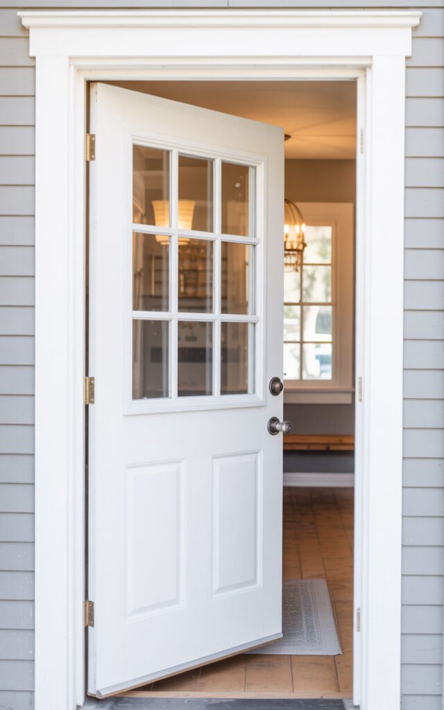 Glass-paneled white front door providing natural lighting in farmhouse mudroom entryway