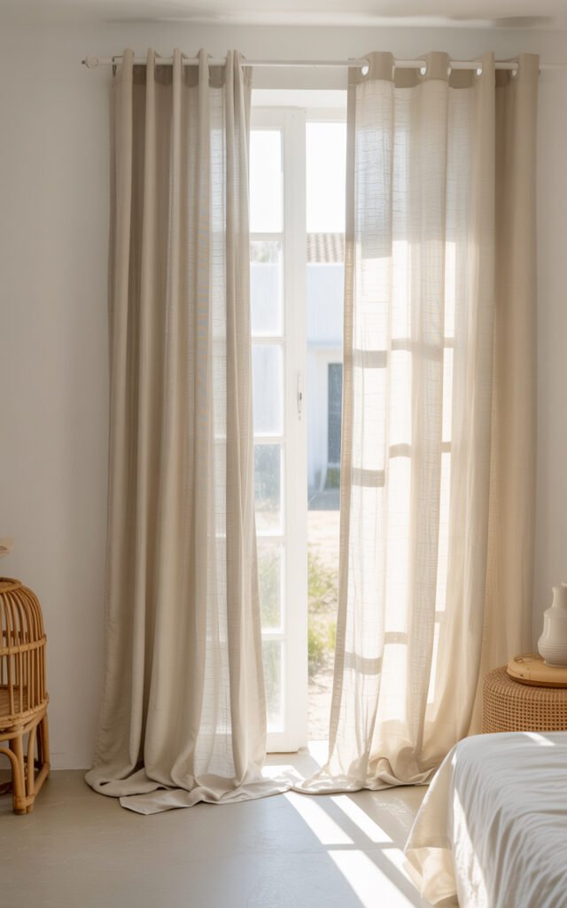 Sheer white linen window curtains providing natural light and privacy in canopy bedroom