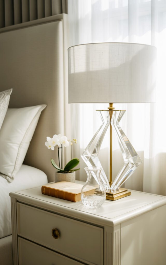 White nightstand with crystal table lamp showing coordinated elegant bedroom furniture
