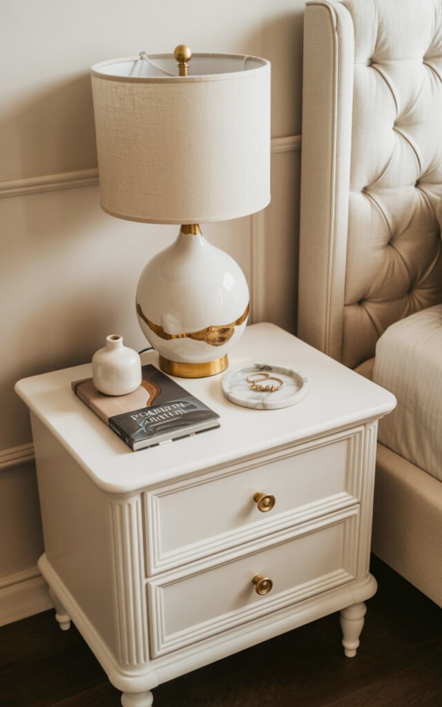 Modern white bedside table with gold accents styled with lamp and minimal decor