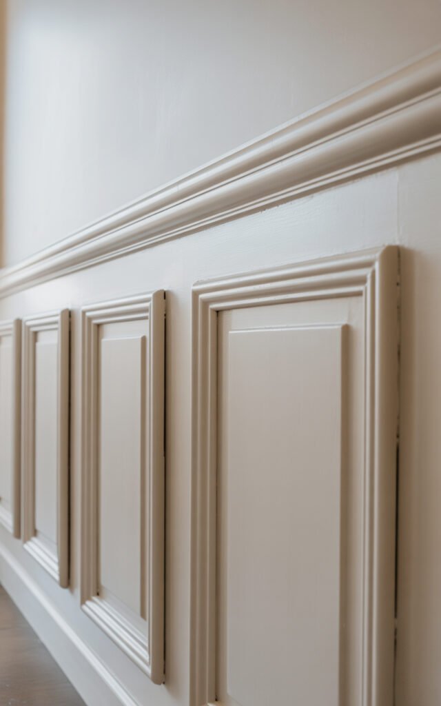 Traditional raised panel wainscoting in white creating elegant architectural detail in hallway