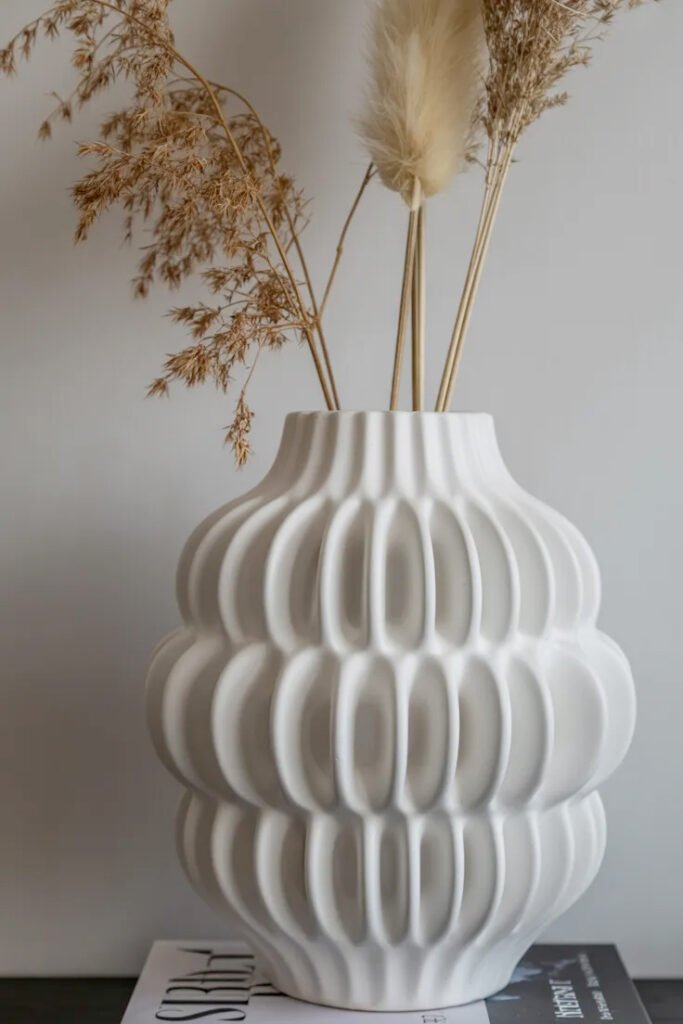 Modern white ceramic vase with textured organic shape as console table focal point