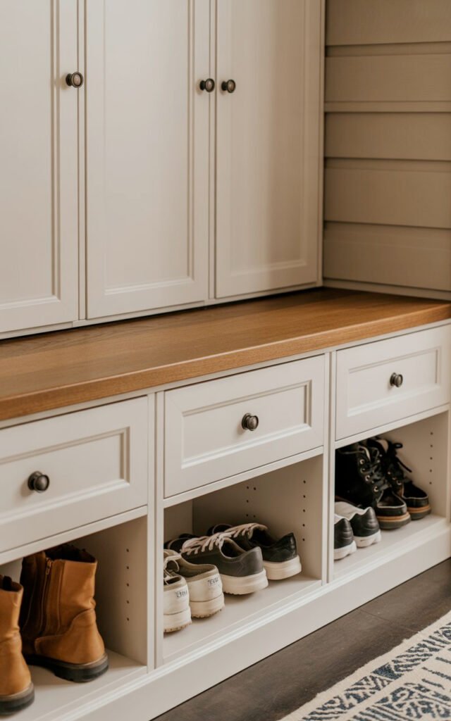 Mudroom bench featuring drawer storage and open cubbies for organized shoe storage