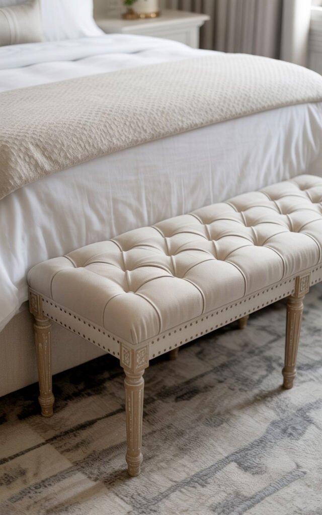 Upholstered tufted bench providing functional seating and elegant accent at bedroom foot