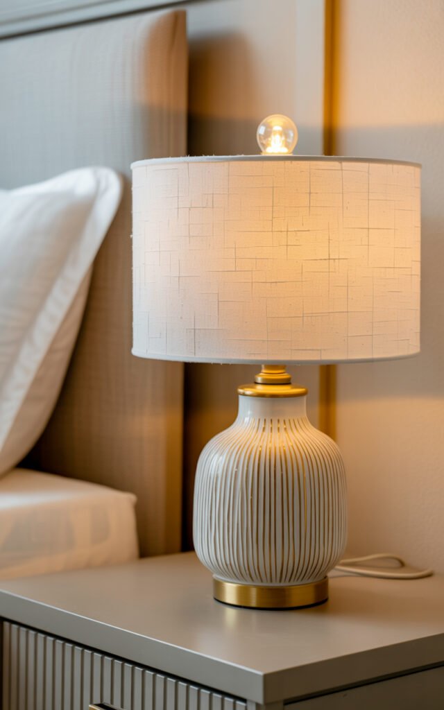Elegant ceramic table lamp with linen shade providing soft lighting on bedside table