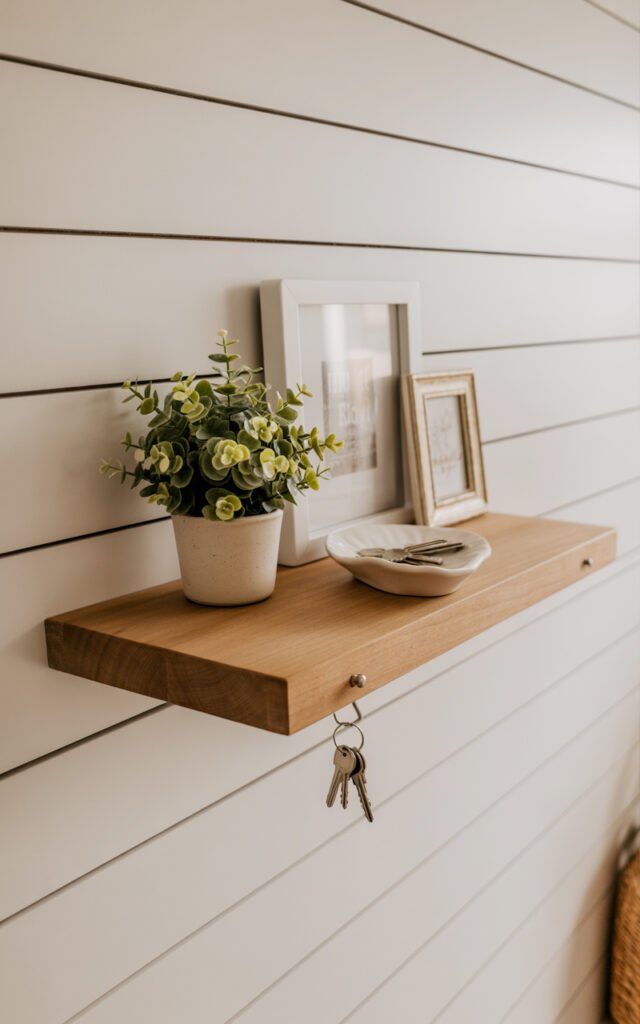 Natural wood shelf above mudroom bench holding keys, plant and minimal decorative items