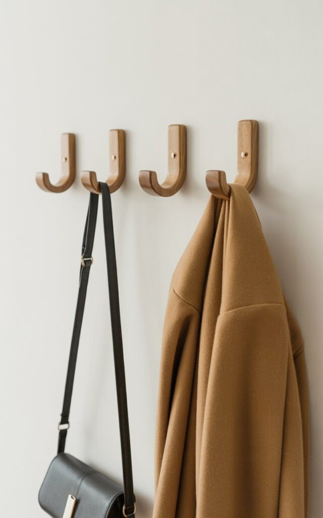 Modern wall hooks mounted on white wall holding bag and outerwear for hallway organization