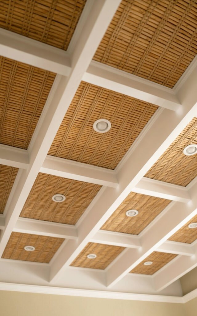 Natural woven rattan ceiling treatment with wood beams creating organic modern bedroom design