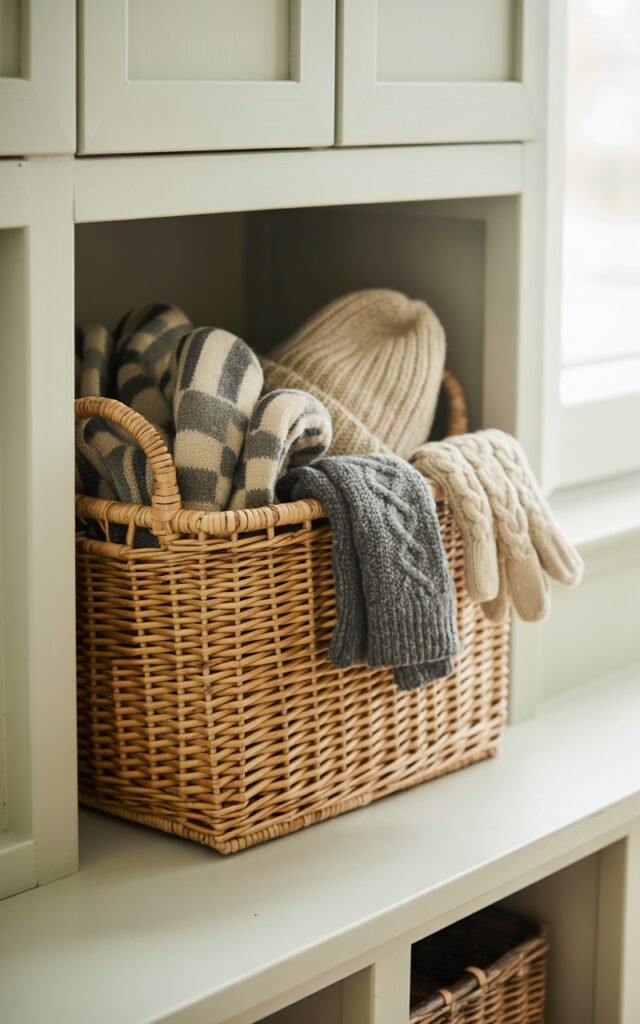 Natural woven basket providing organized accessory storage in mudroom cubby