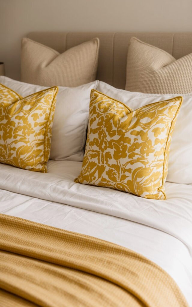 Mustard yellow floral throw pillows adding pop of color to neutral white and beige bedroom bedding