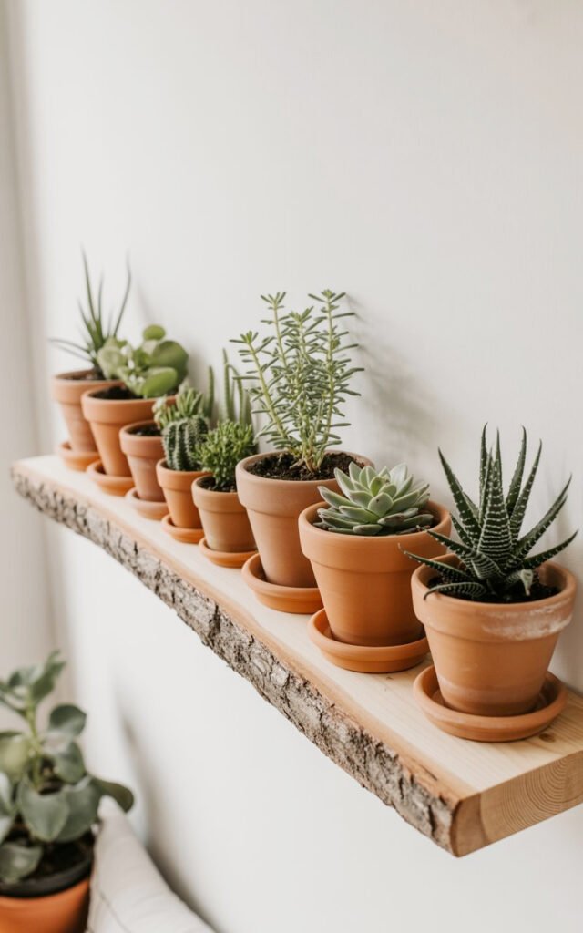 Small plants in terracotta pots adding natural greenery to floating shelves in bedroom